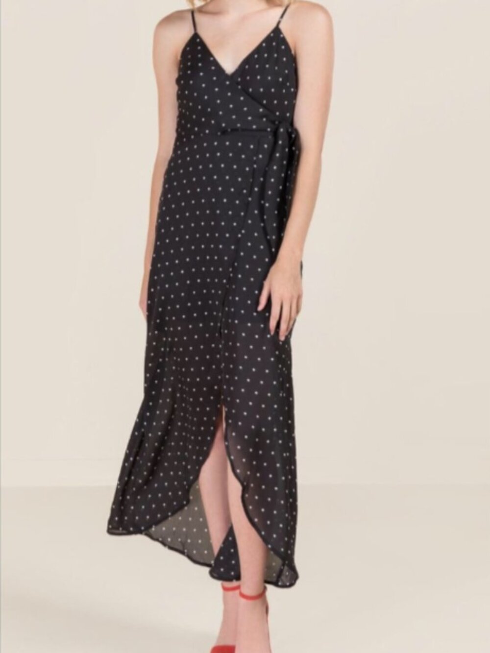NWT Miami Black Lightweight Maxi Wrap Dress w/ Spaghetti Straps White Polka Dots